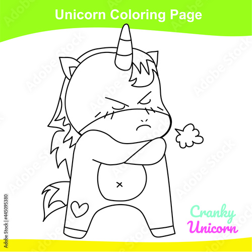 Unicorn coloring worksheet page. Coloring sweet unicorn worksheet page. Educational printable coloring worksheet. Additional worksheet for kids. Vector illustration in cartoon style. 