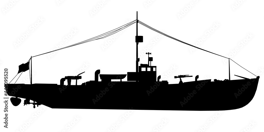 Silhouette of a military boat isolated on a white background. Vector illustration