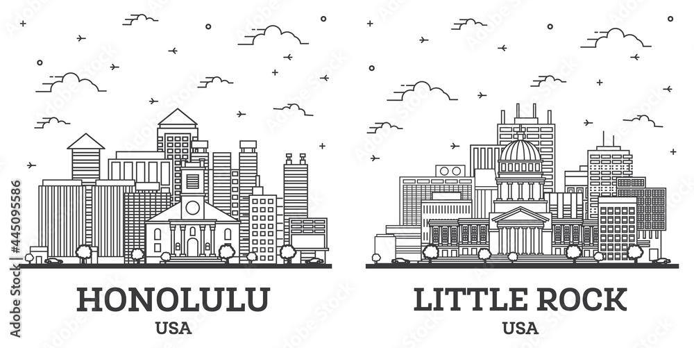 Outline Little Rock Arkansas and Honolulu Hawaii USA City Skyline Set.