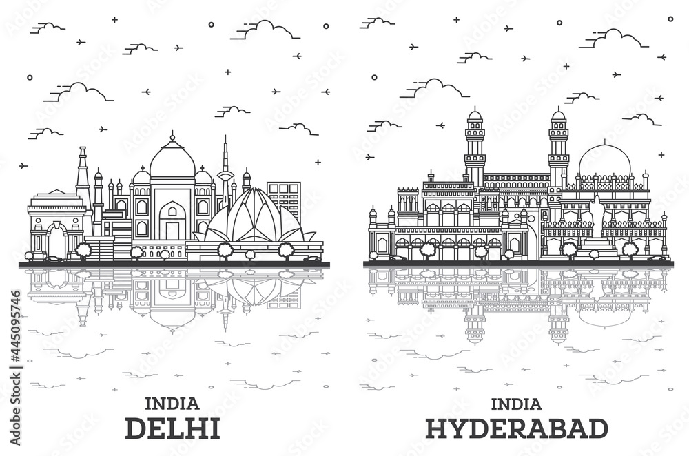 Outline Hyderabad and Delhi India City Skyline Set.