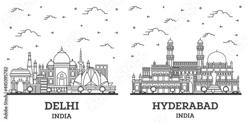 Outline Hyderabad and Delhi India City Skyline Set.