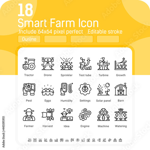 Vector smart farm icon set isolated on white background. Illustration outline symbols of technology agriculture, Innovation farmer management concept icon for digital farming elements. Editable stroke