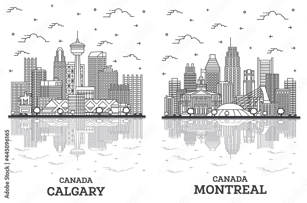 Naklejka premium Outline Montreal and Calgary Canada City Skyline Set.