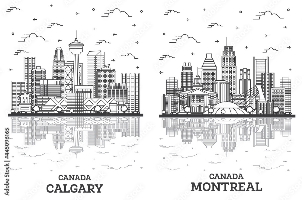 Outline Montreal and Calgary Canada City Skyline Set.