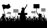 Politics meeting. Silhouette of demonstrating crowd of people with flags, banners. Woman speaker. Demonstration or protest, or manifestation, or strike, or revolution, or riot. Vector illustration