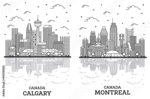 Outline Montreal and Calgary Canada City Skyline Set.
