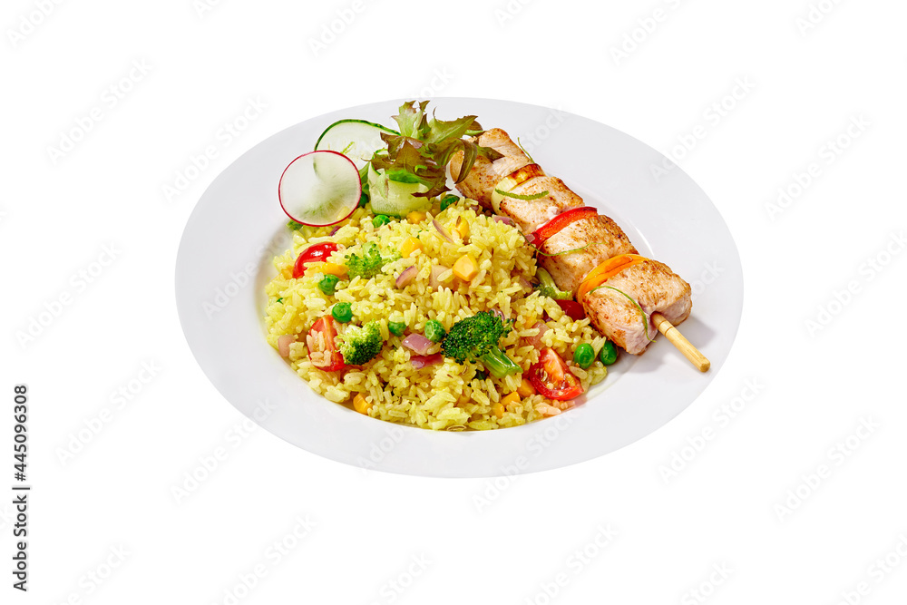 Vegetable rice with chicken skewer isolated on white Vegetable rice with chicken skewer isolated on white