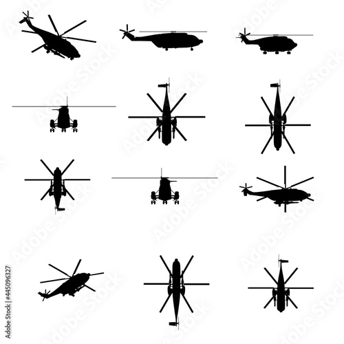 Set with helicopter silhouettes isolated on white background. Vector illustration