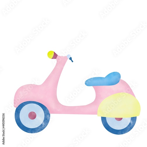 Watercolor aquarelle illustration for kids children. Scooter on white background hand drawn digital illustration