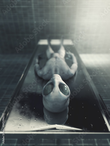 Canvas Print 3D Rendering, illustration of a dead alien on an autopsy gurney in a dramatic lit morgue