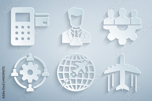 Set Globe with flying plane, Project team base, Outsourcing concept, Plane, Scientist and test tube and Pos terminal icon. Vector