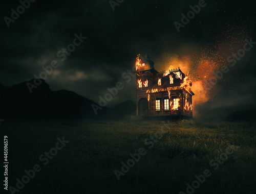 3D Rendering, illustration of a burning victorian style house at night. high contrast image