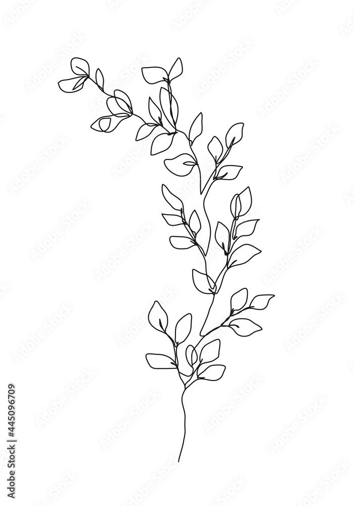 Continuous Line Drawing of Leaves Branch Black Sketch Isolated on White Background. Simple Leaf One Line Illustration. Minimalist Botanical Drawing. Vector EPS 10.