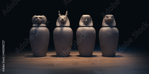 canopic jars from Egypt,. used for mummification and storing organs. 3D Rendering, illustration. photo