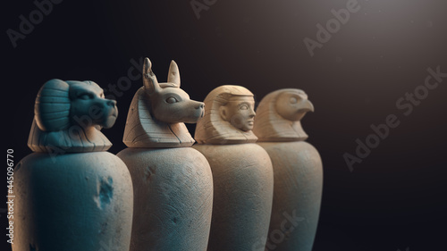 canopic jars from Egypt,. used for mummification and storing organs. 3D Rendering, illustration.