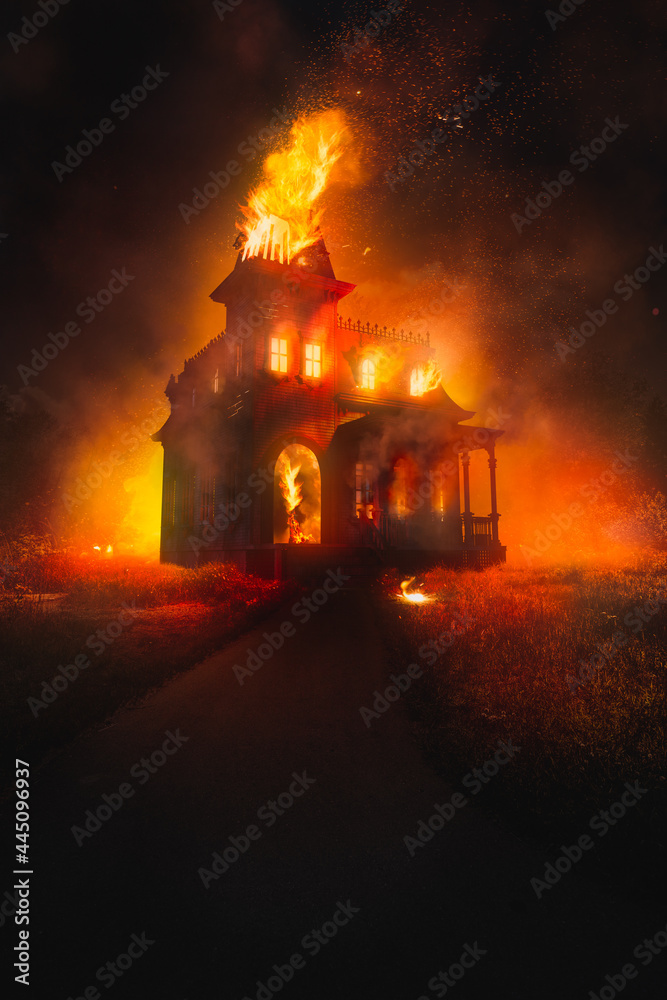 3D Rendering, illustration of a burning victorian style house at night. high contrast image
