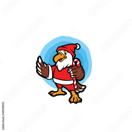 Eagle cartoon character wearing Santa Claus suit