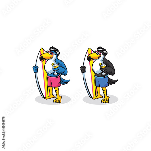 Toucan bird cartoon character as surfer in tropical beach