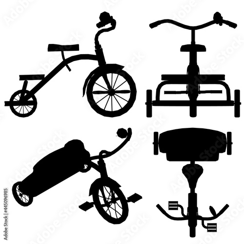 Set with silhouettes of childrens tricycle isolated on white background. Vector illustration