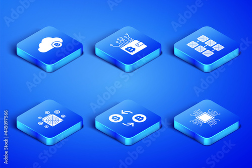 Set Processor, Cryptocurrency cloud mining, exchange, ASIC Miner, wallet and Mining farm icon. Vector