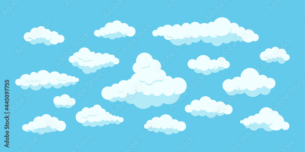 Fluffy clouds set isolated on blue heaven background. Cartoon white clouds collection for 2d sky scene and backgrounds. Flat design clip art vector illustration. Fluffy clouds set isolated on blue heaven background. Cartoon white clouds collection for 2d sky scene and backgrounds. Flat design clip art vector illustration.