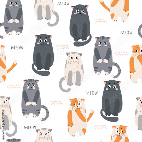 Seamless pattern with funny cats on a white background. Cute characters with different emotions. Creative childish texture. Great for fabric, textile, design. Vector Illustration