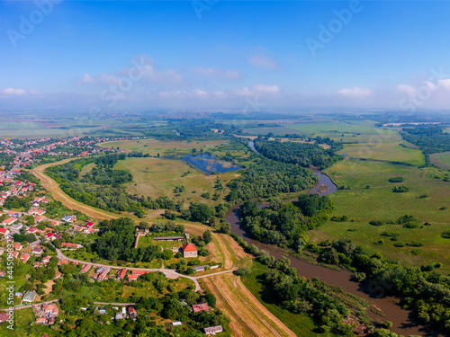 Aerial view about Onod village with sajo river and fort of Onod. Clean colorful panoramic photo
