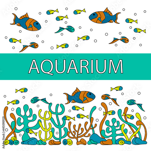 Hand-drawn underwater baner . Coral reef, seaweed fish. Vector texture of the underwater bottom. Copy space for your text photo