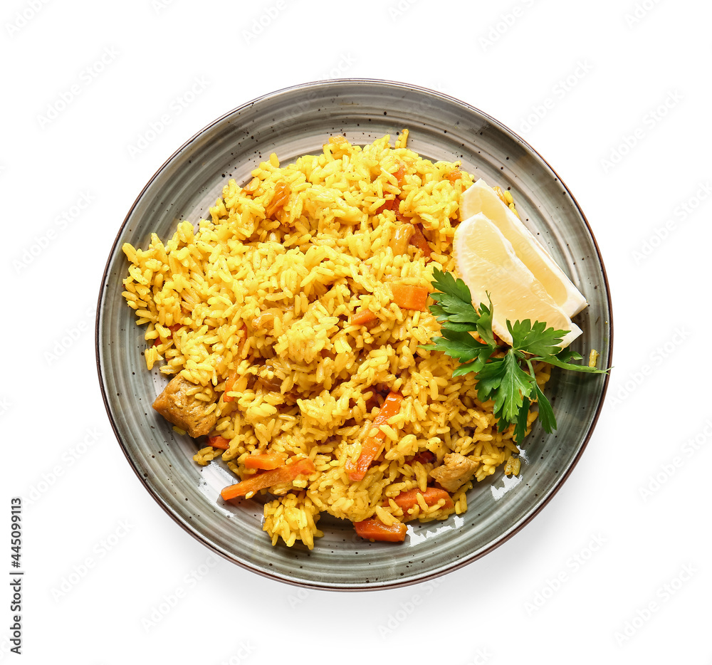 Plate with tasty pilaf on white background Plate with tasty pilaf on white background