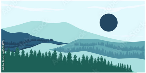 landscape with silhouettes of forest trees mountains and hills. Minimal and natural Illustrations for art print, postcard, wallpaper, wall art.
