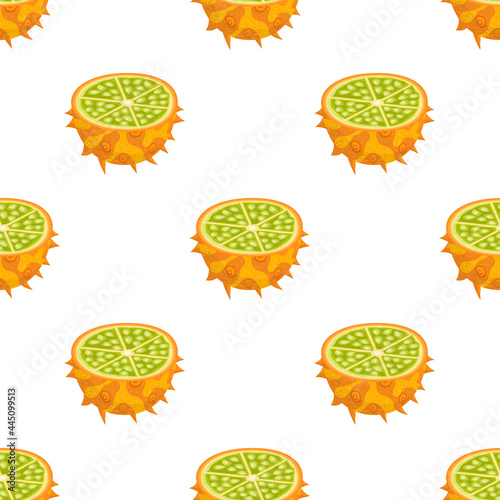 Seamless pattern with fresh half cut yellow kiwano fruit isolated on white background. Summer fruits for healthy lifestyle. Organic fruit. Cartoon style. Vector illustration for any design.