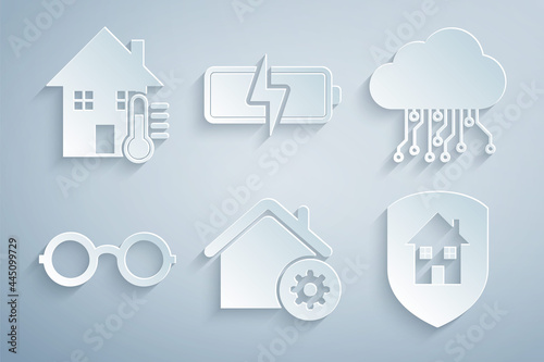 Set Smart home settings, Internet of things, Glasses, House under protection, Battery and temperature icon. Vector