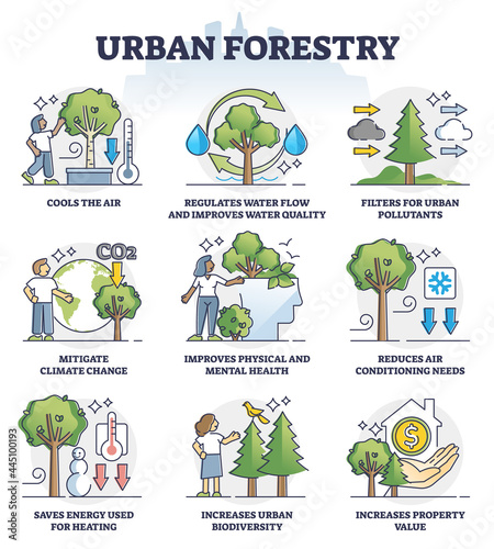 Urban forestry and ecological city gardening benefits outline collection set. Tree growing in parks and streets for fresh and quality air, CO2 reduction and health improvement vector illustration.
