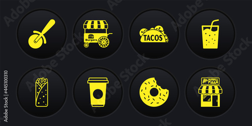Set Burrito, Glass with water, Coffee cup, Donut, Taco tortilla, Fast street food cart, Pizzeria building facade and Pizza knife icon. Vector