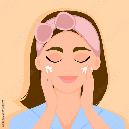 A cute smiling girl uses a face scrub. cleansing and massage of the skin. Home daily facial skin care. Vector illustration.