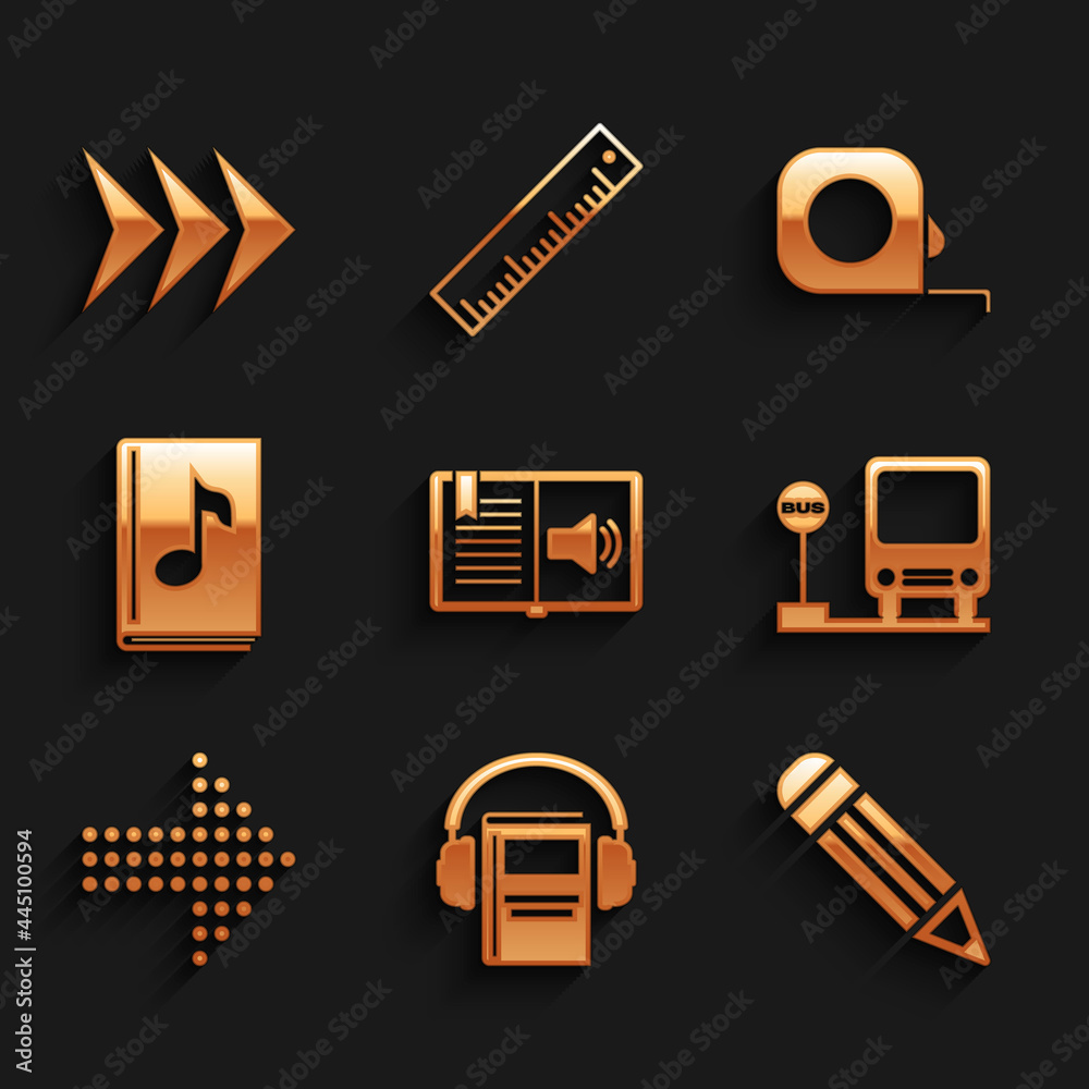 Set Audio book, Pencil, Bus stop, Dots arrow, Roulette construction and Arrow icon. Vector Set Audio book, Pencil, Bus stop, Dots arrow, Roulette construction and Arrow icon. Vector