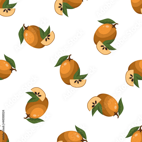 Seamless pattern with fresh sapodilla fruits isolated on white background. Summer fruits for healthy lifestyle. Organic fruit. Cartoon style. Vector illustration for any design.