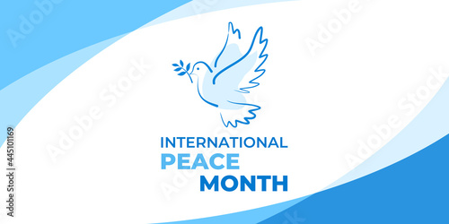 International peace month. Vector web banner, poster, card for social media, networks. Text International peace month. A white dove with an olive branch is a symbol of peace