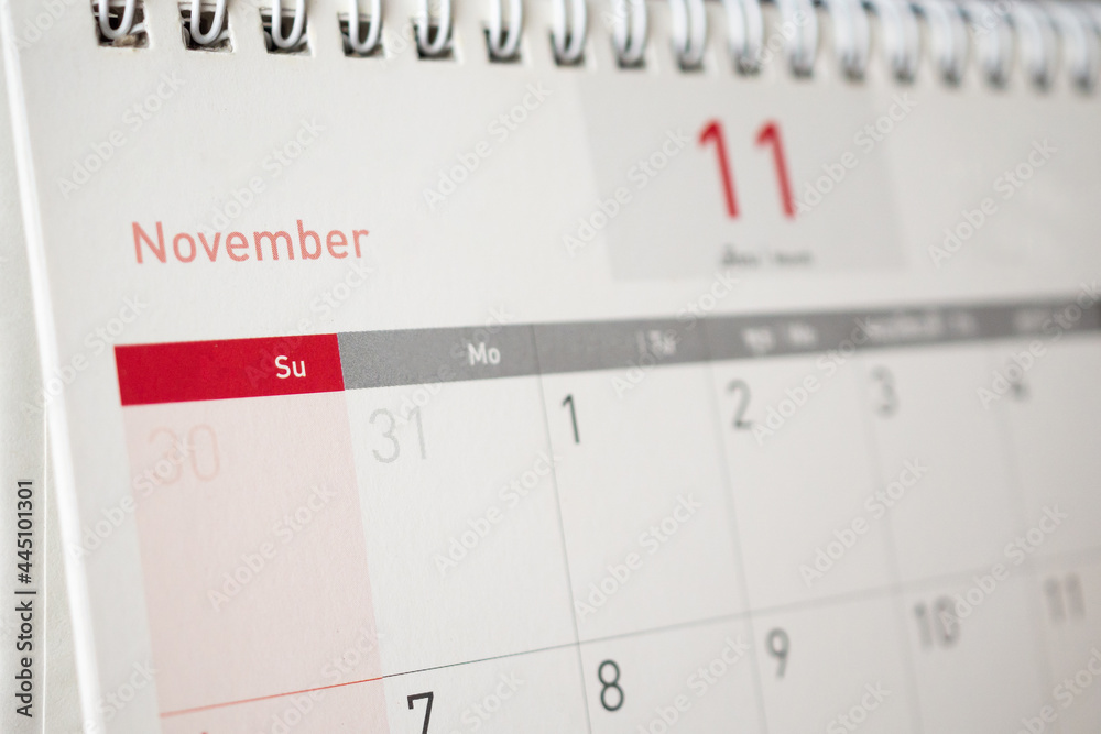 November calendar page with months and dates business planning appointment meeting concept November calendar page with months and dates business planning appointment meeting concept