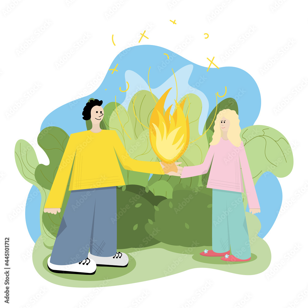 Vector illustration with a guy and a girl. A young couple holds a fire in their hands against the background of trending leaves. The transfer of feelings in a pair. Isolated on a white background.