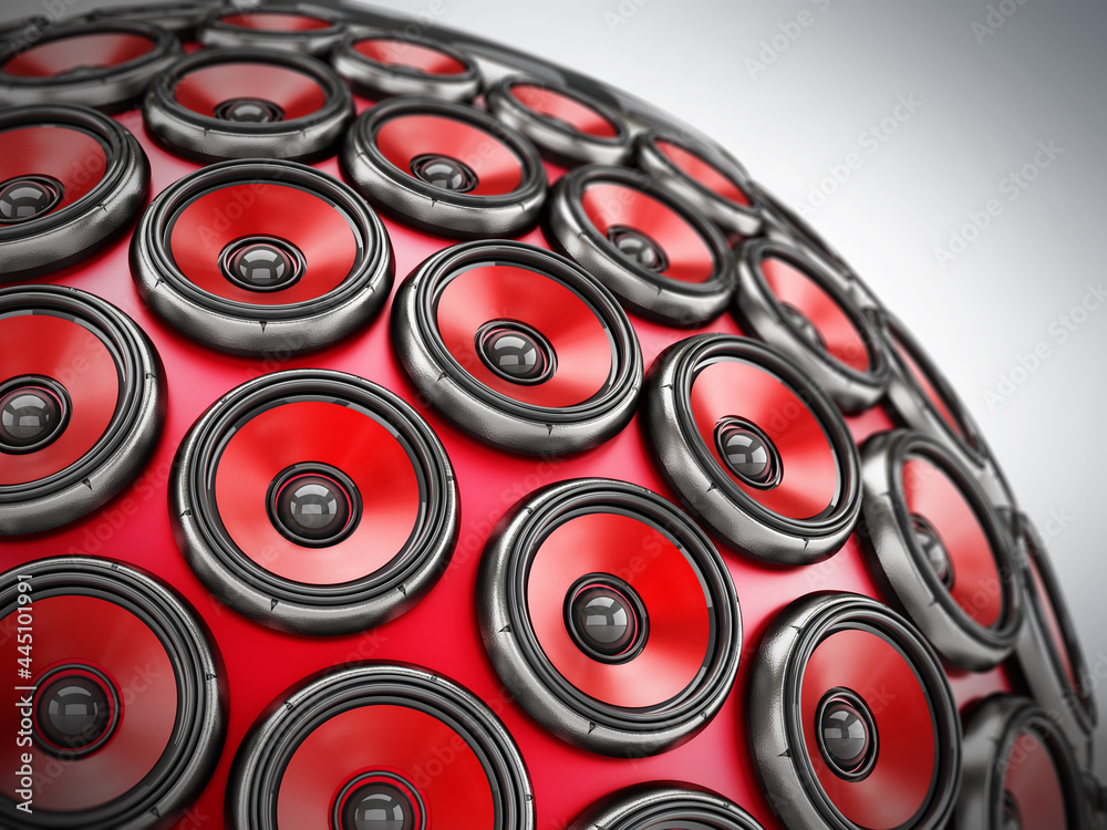 Stack of loudspeakers arranged to form a globe. 3D illustration Stack of loudspeakers arranged to form a globe. 3D illustration