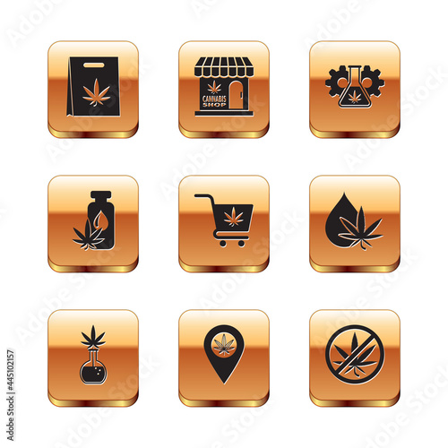 Set Shopping bag of marijuana, Test tube with, Location and, cart, Marijuana or cannabis leaf oil, Stop and store icon. Vector