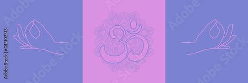 Buddhism symbols cards - gyan mudra, lotus flower, namaste. Collection in boho style. Vector illustration