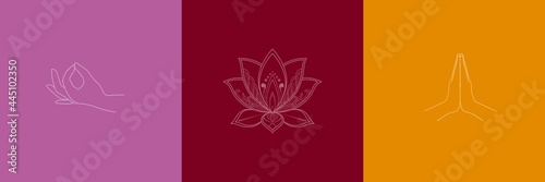 Buddhism symbols cards - gyan mudra, lotus flower, namaste. Collection in boho style. Vector illustration
