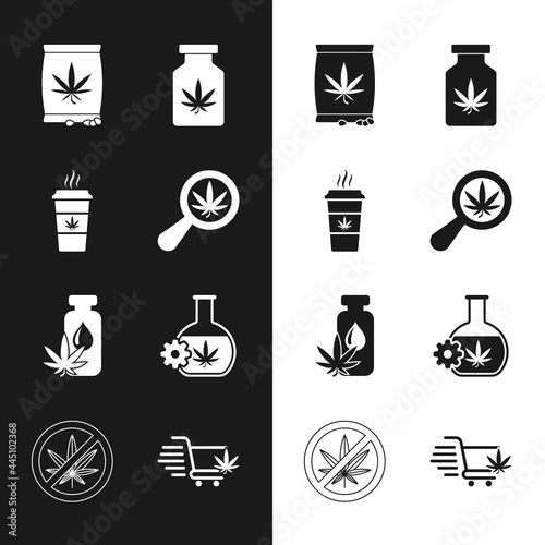 Set Magnifying glass and marijuana, Cup coffee with, Marijuana or cannabis seeds, Medical bottle, leaf oil, Test tube, Shopping cart and Stop icon. Vector