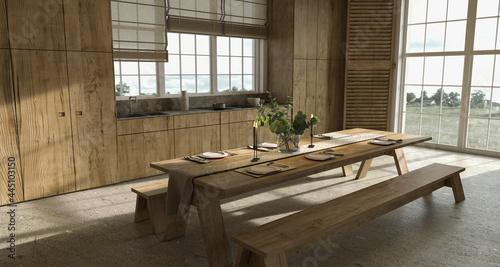 Fotografiet Scandinavian farmhouse style wooden kitchen with window blinds