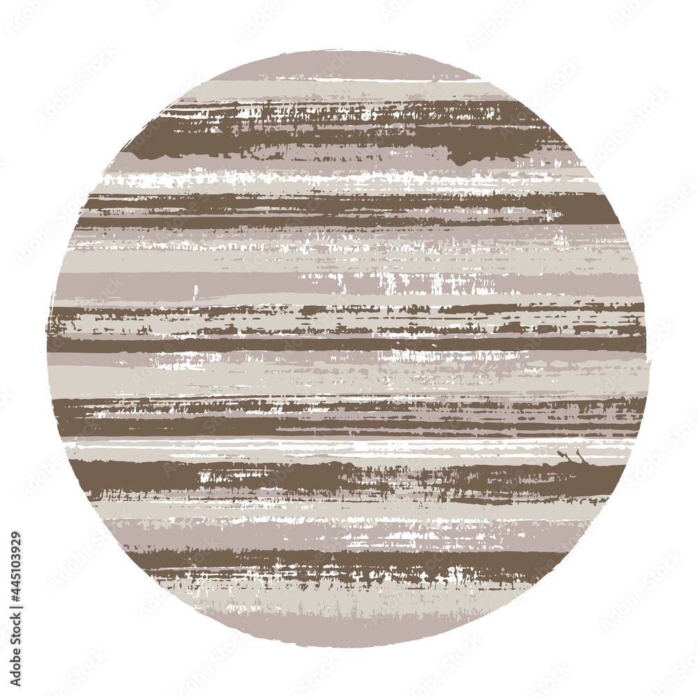 Modern circle vector geometric shape with striped texture of paint horizontal lines. Disk banner with old paint texture. Emblem round shape circle logo element with grunge background of stripes.