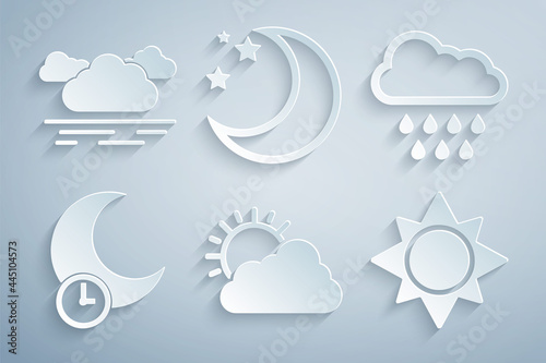 Set Sun and cloud weather, Cloud with rain, Sleeping moon, Moon stars and icon. Vector