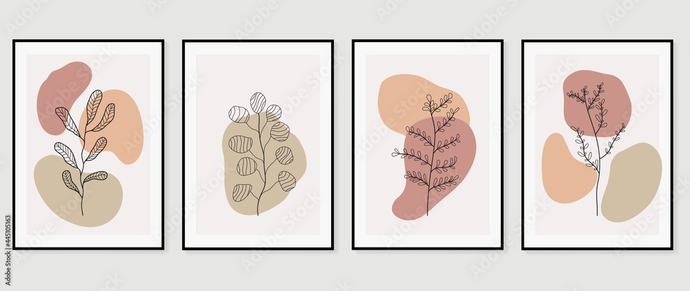 Minimal abstract art background vector. Wall art design for home decoration. Home plant , cactus , flower, botanical doodle hand drawn design for cover, banner, invitation, prints, poster, wallpaper.