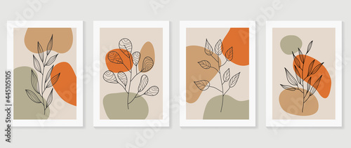 Minimal abstract art background vector. Wall art design for home decoration. Home plant , cactus , flower, botanical doodle hand drawn design for cover, banner, invitation, prints, poster, wallpaper.